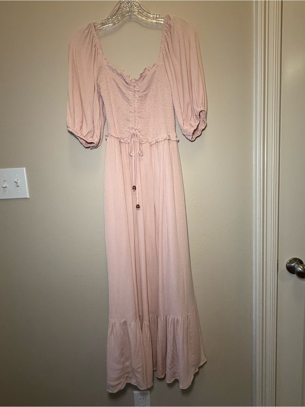NWT Dress Day Pink Smocked Puff Sleeve Boho Tiered Maxi Maternity Photoshoot Sm
